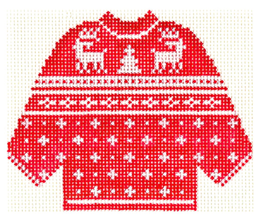 Sweater ~ 2 Reindeer on a Red & White KNITTED SWEATER handpainted Needlepoint Canvas by Silver Needle