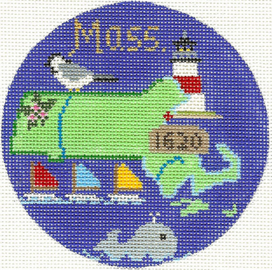 Travel Round ~ Massachusetts 4.25" handpainted Needlepoint Ornament Canvas by Silver Needle