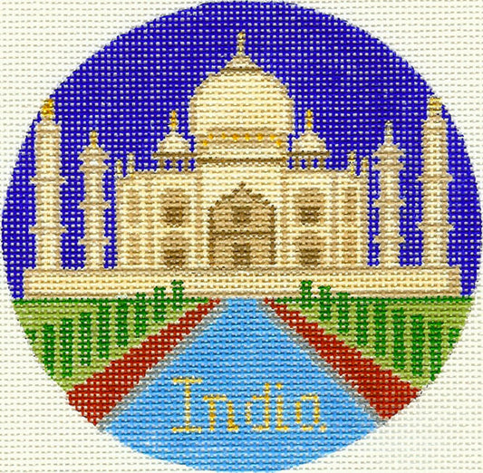 Travel Round ~ COUNTRY of INDIA handpainted 4,25" Rd. 18 mesh Needlepoint Canvas by Silver Needle