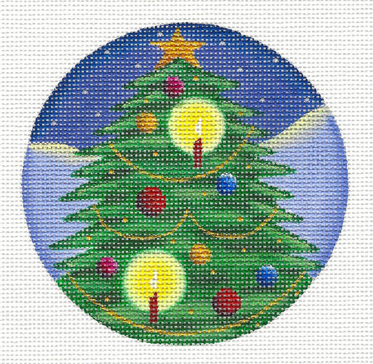 Christmas Round ~ Christmas Tree with Candles handpainted Needlepoint Canvas by Rebecca Wood