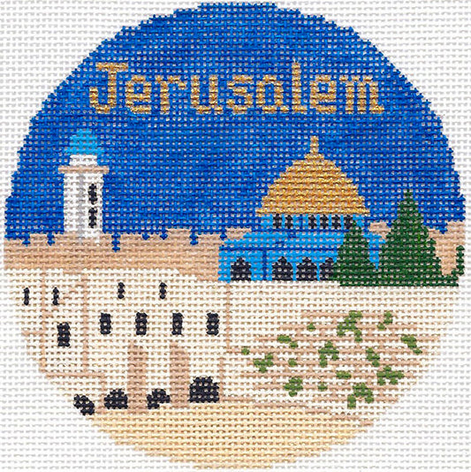 Travel Round ~ JERUSALEM Holy Land handpainted 4.25" Needlepoint Canvas by Silver Needle