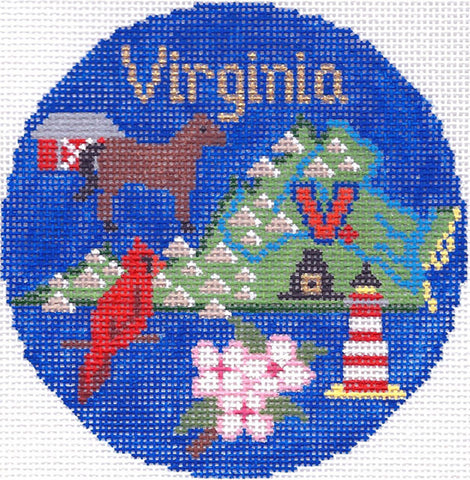 Travel Round ~ Virginia handpainted 4.25" Needlepoint Canvas Ornament by Silver Needle