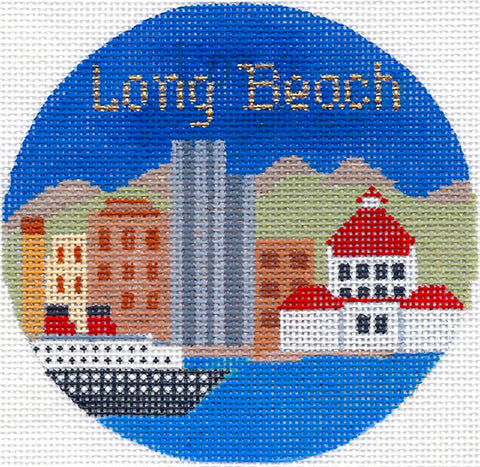 Travel Round ~ Long Beach, California handpainted 4.25" Needlepoint Canvas by Silver Needle