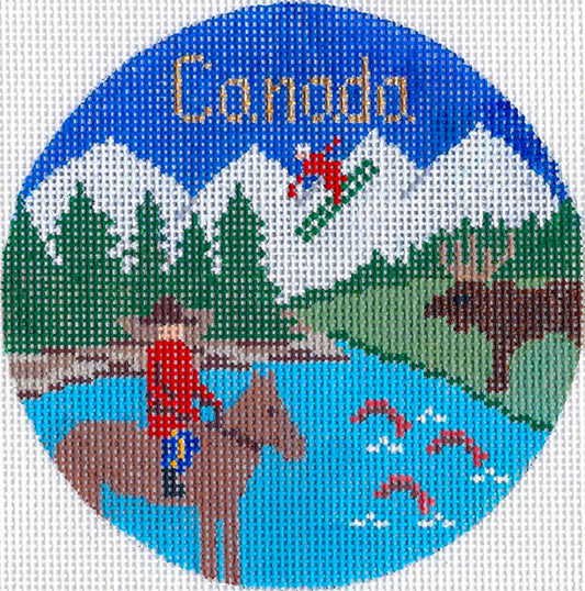 Travel Round ~ CANADA handpainted 4.25" Needlepoint Ornament Canvas by Silver Needle