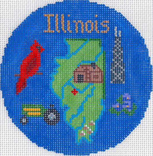Travel Round ~ State of ILLINOIS handpainted 4.25" Round Needlepoint Canvas by Silver Needle