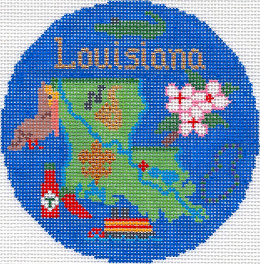 Travel Round ~ STATE of LOUISIANA handpainted 4.25" Needlepoint Ornament Canvas by Silver Needle
