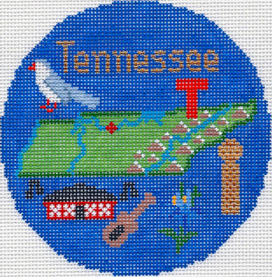 Travel Round ~ TENNESSEE 4.25"Rd. handpainted Needlepoint Ornament Canvas by Silver Needle