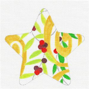 Christmas Star ~ Gold Ribbons & Red Berries STAR handpainted Needlepoint Ornament ~ Ray. Crawford