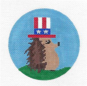 Round- Patriotic Hedgehog with Top Hat handpainted Needlepoint Canvas by ZIA ~ Danji