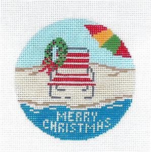 Round ~ Beach Chair & Umbrella on the Beach Merry Christmas 3.5" Needlepoint Canvas Needle Crossings