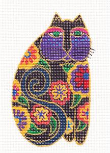 Laurel Burch ~ Handpainted Black Floral Cat & STITCH GUIDE 18 Mesh Needlepoint Canvas from Danji