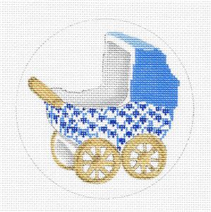 Baby ~ Blue Fishnet Carriage Baby Boy 4.5" Rd. handpainted 18 Mesh Needlepoint Canvas by Edie & Ginger