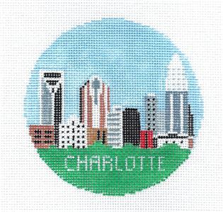 Travel Round ~ CHARLOTTE, NORTH CAROLINA handpainted Needlepoint Canvas by Kathy Schenkel RD.