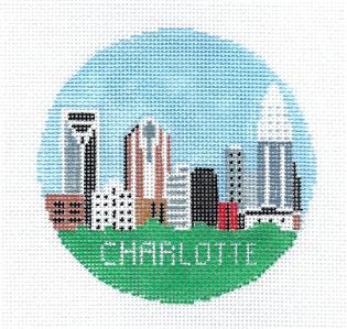 Travel Round ~ CHARLOTTE, NORTH CAROLINA 4" Rd. handpainted 18 Mesh Needlepoint Canvas by Kathy Schenkel