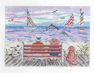 Canvas ~ Sitting Together on the Boardwalk handpaint Needlepoint Canvas Needle Crossings