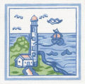 Hadley Pottery ~ LIGHTHOUSE & SAILING SHIP handpainted 5" SQ., 18 mesh Needlepoint Canvas by Silver Needle