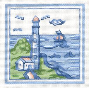 Hadley Pottery ~ LIGHTHOUSE & SHIP handpainted 5" SQ., 18 mesh Needlepoint Canvas by Silver Needle