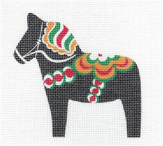 Canvas ~ DALA HORSE Black Multi-Color Swedish handpainted Needlepoint Canvas by Pepperberry Designs