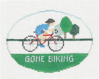 Sports Oval ~ Gone Biking handpainted Oval Needlepoint Canvas by Kathy Schenkel