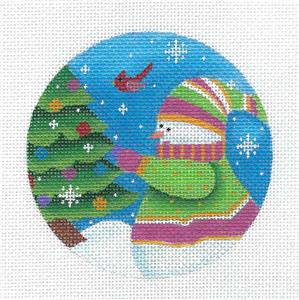 Round ~ December Snowman and Cardinal handpainted 4" 18 mesh Needlepoint Ornament by Pepperberry