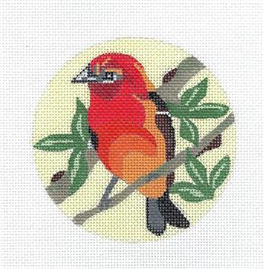 Bird Canvas ~ Flame Tanager Bird handpainted 4" Rd. Needlepoint Ornament Canvas Melissa Prince