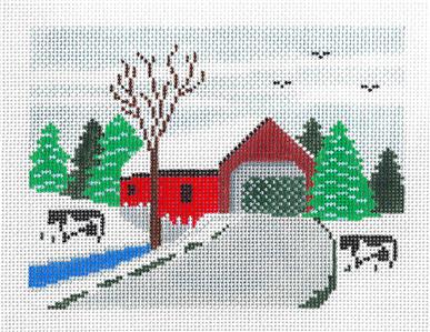 New England ~ Covered Bridge Scene in Winter handpainted 13 mesh Needlepoint Canvas Silver Needle