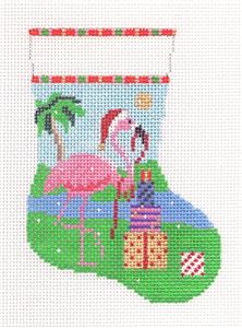 Christmas ~ Pink Flamingo & Gifts Mini Stocking handpainted 13 mesh Needlepoint Canvas Susan Roberts