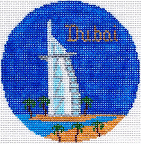Travel Round ~ CITY  of  DUBAI, UNITED ARAB EMIRATES handpainted 4.25" Needlepoint Canvas by Silver Needle