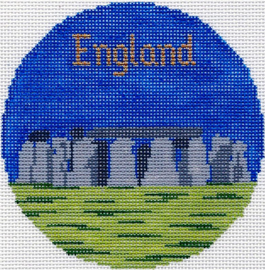 Travel Round ~ ENGLAND Stonehenge handpainted 4.25" Needlepoint Ornament Canvas by Silver Needle