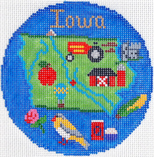 Travel Round ~ IOWA handpainted 4.25" Needlepoint Ornament Canvas by Silver Needle