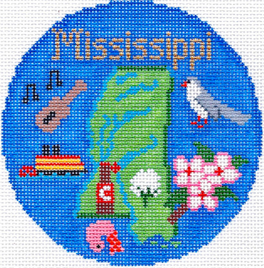 Travel Round ~ MISSISSIPPI handpainted 4.25" Needlepoint Ornament Canvas by Silver Needle