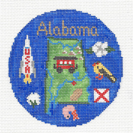 Travel Round ~ ALABAMA handpainted 4.25"Rd. 18 mesh Needlepoint Ornament Canvas by Silver Needle