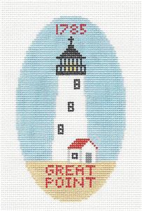 Oval ~ NANTUCKET GREAT POINT LIGHTHOUSE handpainted 18 Mesh Needlepoint Canvas Silver Needle