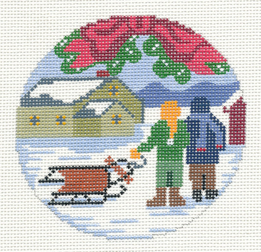 Round~ 4.25" Sledding All Day handpainted Needlepoint Canvas~by Silver Needle