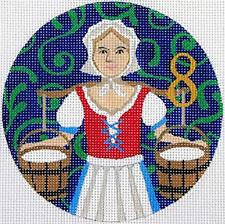 12 Days of Christmas 8 Maids Milking & STITCH GUIDE on handpainted 18 Mesh Needlepoint Canvas by PLD ~ JulieMar