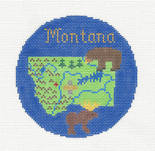 Travel Round ~ State of MONTANA handpainted 18 mesh 4.25" Needlepoint Ornament Canvas by Silver Needle