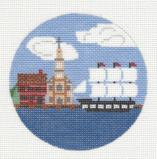Travel Round ~ Boston, Massachusetts Destination round handpainted  4" Needlepoint Canvas by Painted Pony