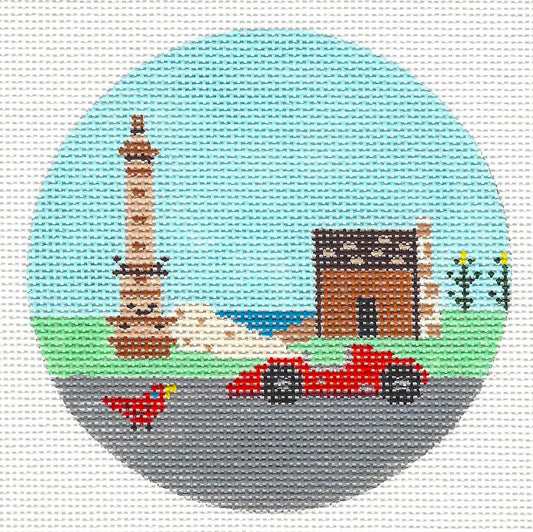 Travel Round ~ INDIANA  * Indianapolis 500 Car Race * Destination 4" round handpainted Needlepoint Canvas by Painted Pony