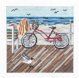 Canvas ~ Bicycle on the Boardwalk 5" handpainted 18 mesh Needlepoint Canvas by Needle Crossings