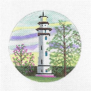 Travel Round ~ "Lighthouse on Staten Island, New York" handpaint Needlepoint Canvas Purple Palm