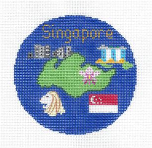Travel Round ~ SINGAPORE Country handpainted 4.25" Needlepoint Canvas Ornament Silver Needle