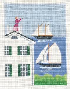 New England ~ New England Widow's Walk & Sailing Ships handpainted Needlepoint Canvas by Silver Needle