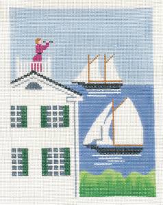 New England ~ New England Widow's Walk & Sailing Ships handpainted 18 Mesh Needlepoint Canvas by Silver Needle