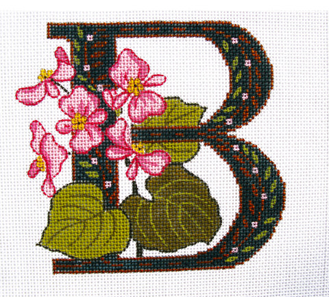 Alphabet Letter ~ B with Floral Begonia Design handpainted Needlepoint Canvas Design by LEE