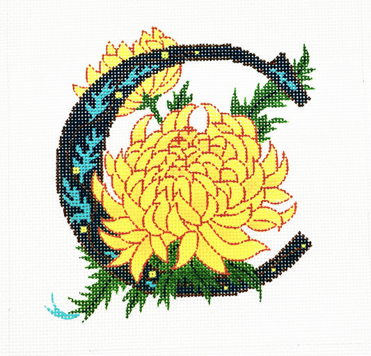 Alphabet Letter ~ C with Floral Chrysanthemum handpainted Needlepoint Canvas Design by LEE
