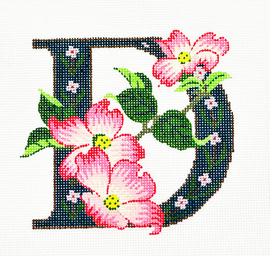 Alphabet Letter ~ D with Floral Dogwood handpainted Needlepoint Canvas Design by LEE