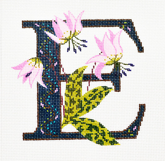 Alphabet Letter ~ E with Floral Erythronium handpainted Needlepoint Canvas Design by LEE