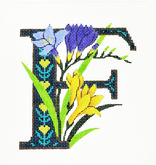 Alphabet Letter ~ F with Floral Freesia handpainted Needlepoint Canvas Design by LEE