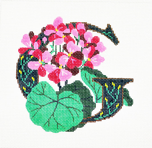 Alphabet Letter ~ G with Floral Geranium handpainted Needlepoint Canvas Design by LEE