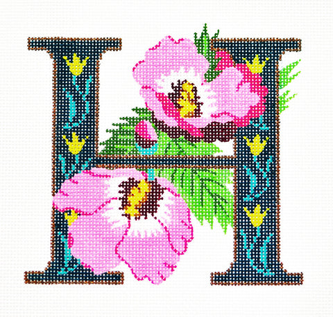 Alphabet Letter ~ H with Floral Hibiscus handpainted Needlepoint Canvas Design by LEE